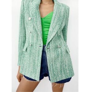 Zara Blazer Buttoned Textured Weave Double Breasted in Tweed Green White